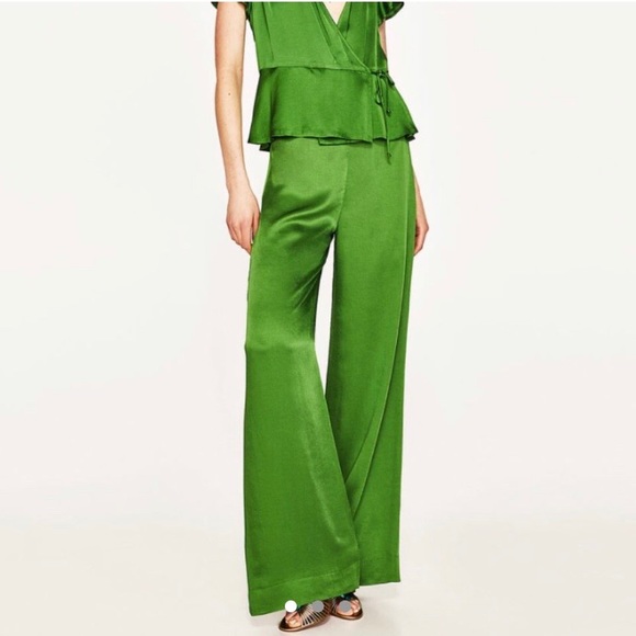 Zara Satin Effect Green Wrap Tie Strings Shirt - Picture 5 of 5